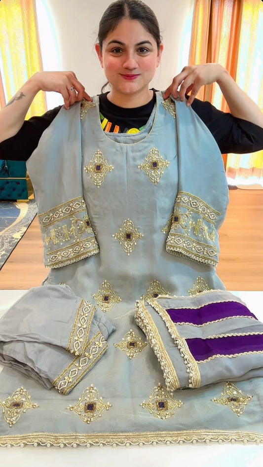 Partywear hand work suit (Colour: grey + purple), Code: 234