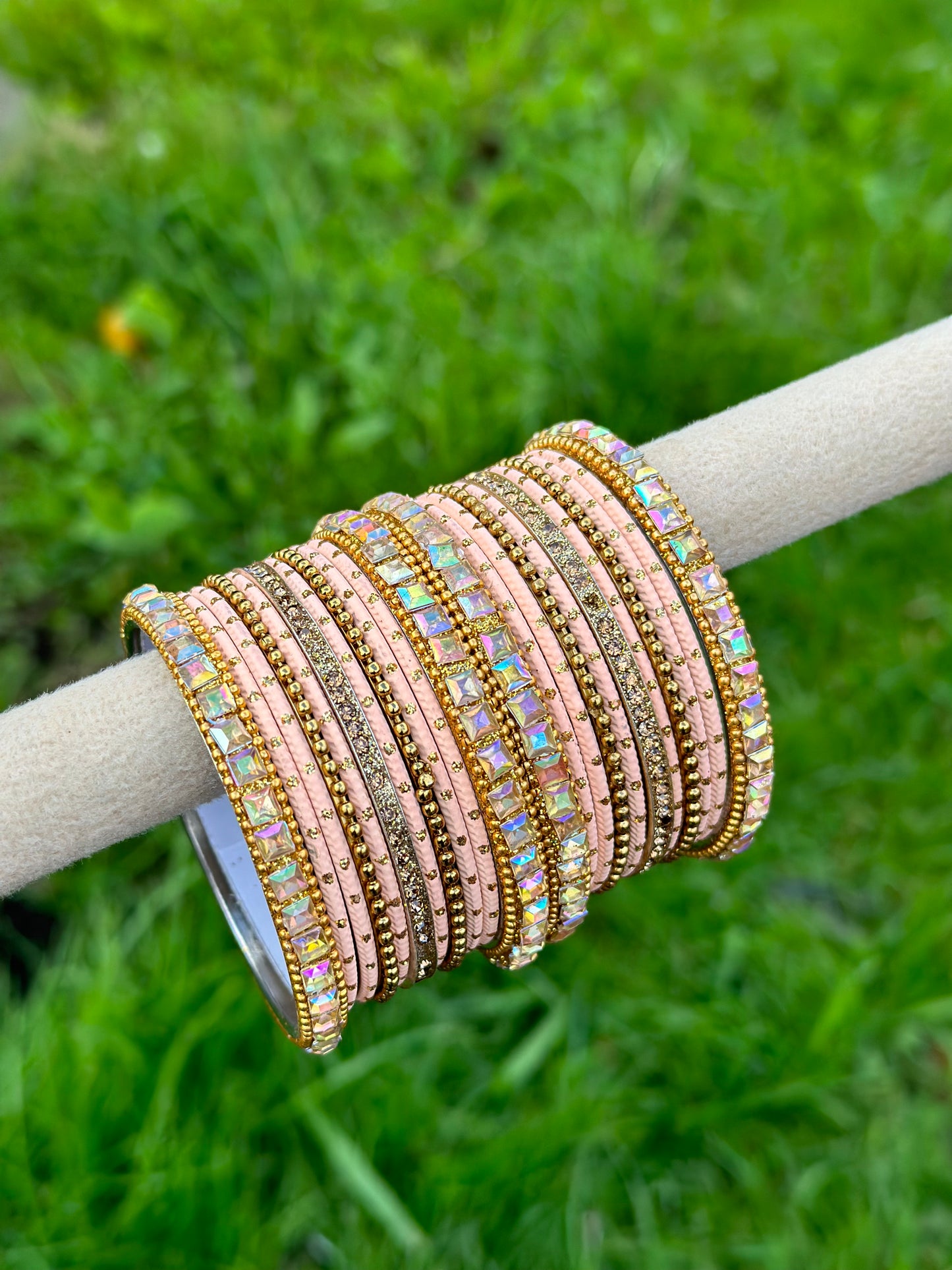 Peach colour bangles with shiny golden kangan’s ( set of both hands )