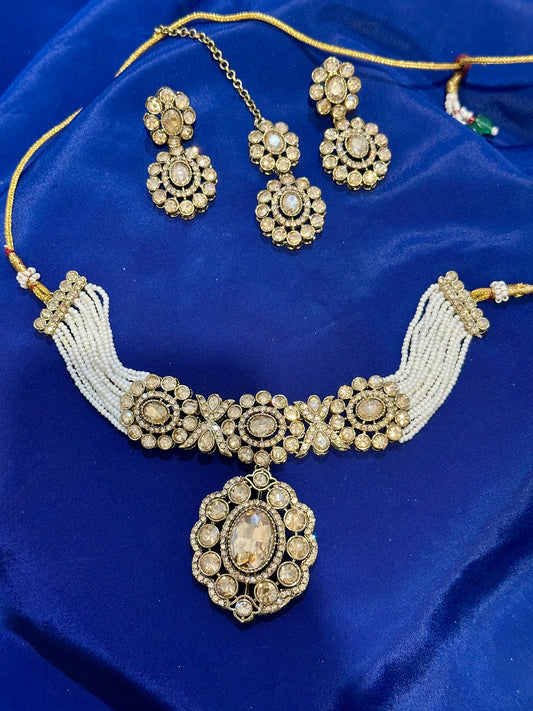 Stone Necklace set with earrings , Colour: Golden, (Code: X22)