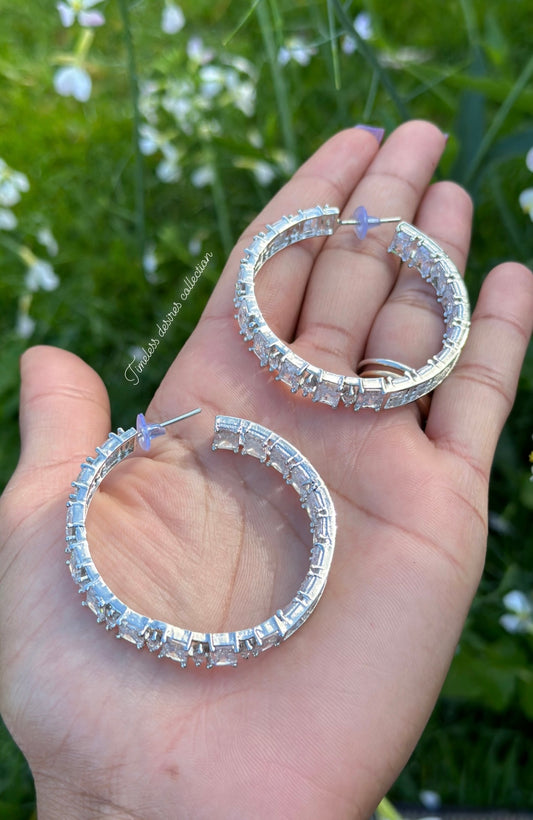 Silver American diamond earrings ( Hoops ) Waliya