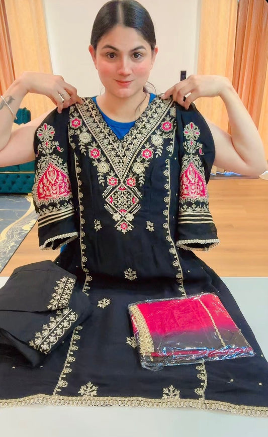 Partywear hand + tilla work suit (Colour: black + pink), Code: 205