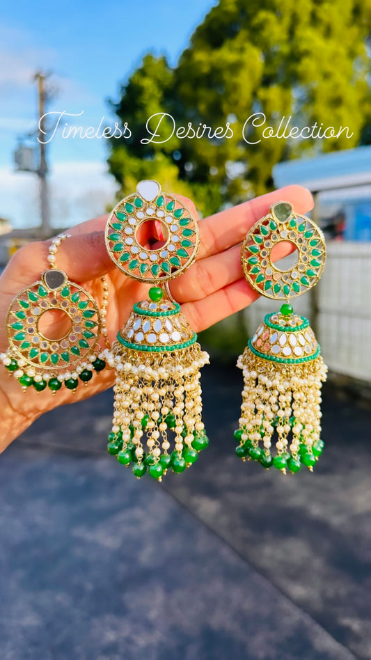 Green Colour Pearl Drop earrings and tikka set in mirror