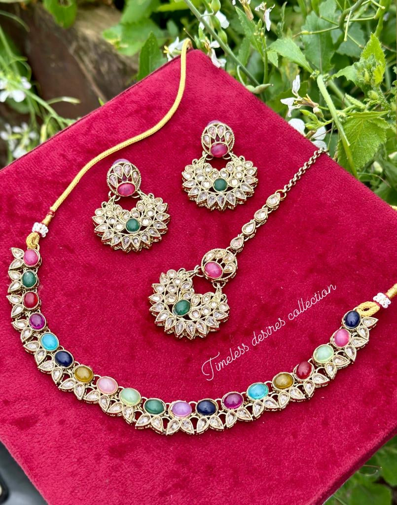 Multi coloured necklace set with earrings and tikka in Polki