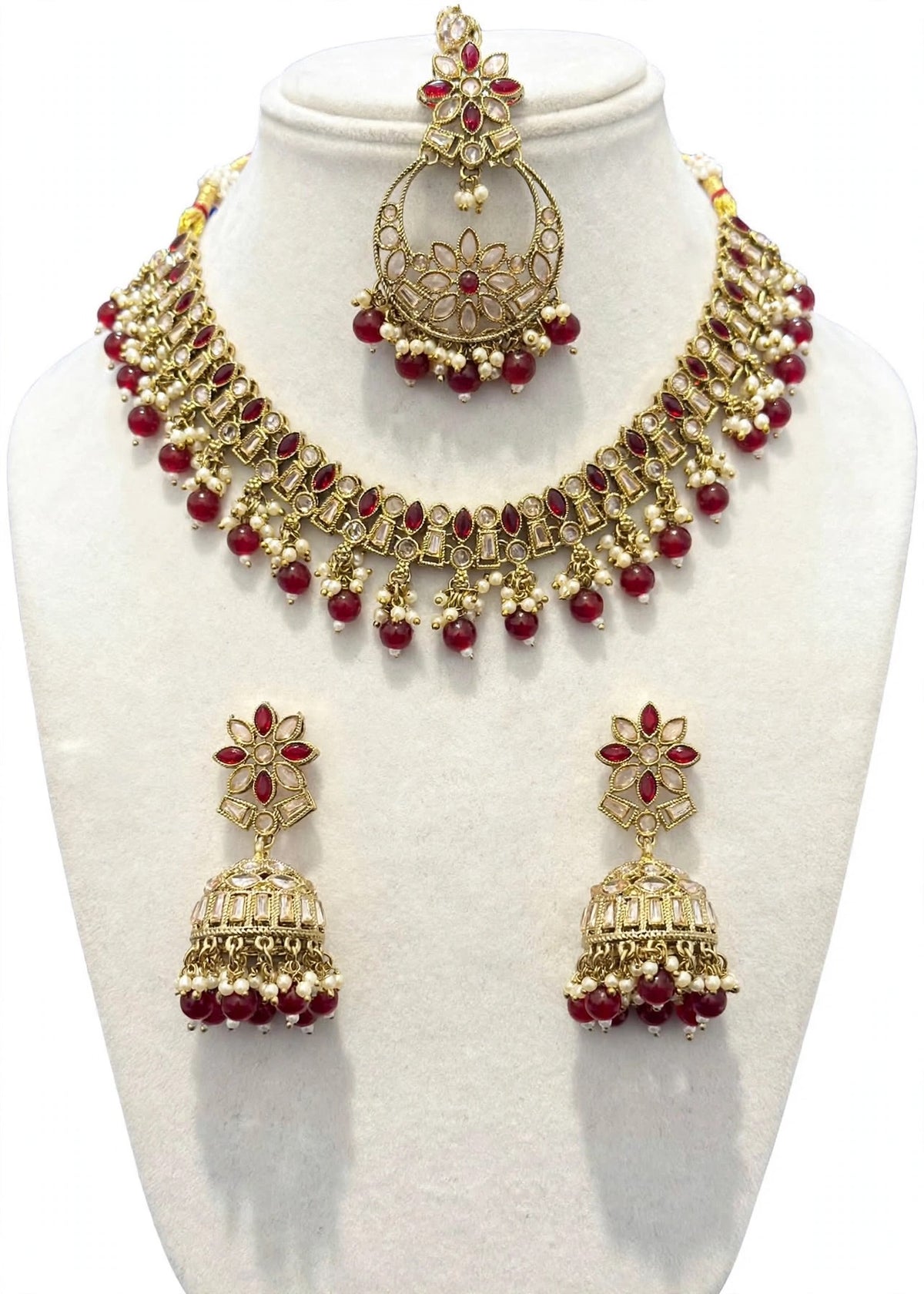 Necklace set with earrings and tikka in polki, Colour: Maroon, Code: 108