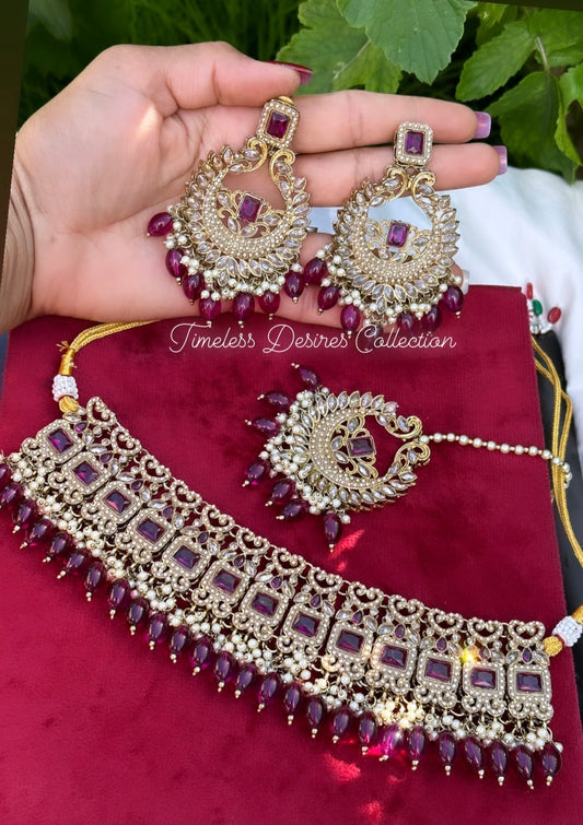 Purple choker / necklace set in reverse AD ( high quality polki )