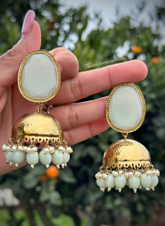 Mint or creamy green Jhumka earrings in Matt copper base