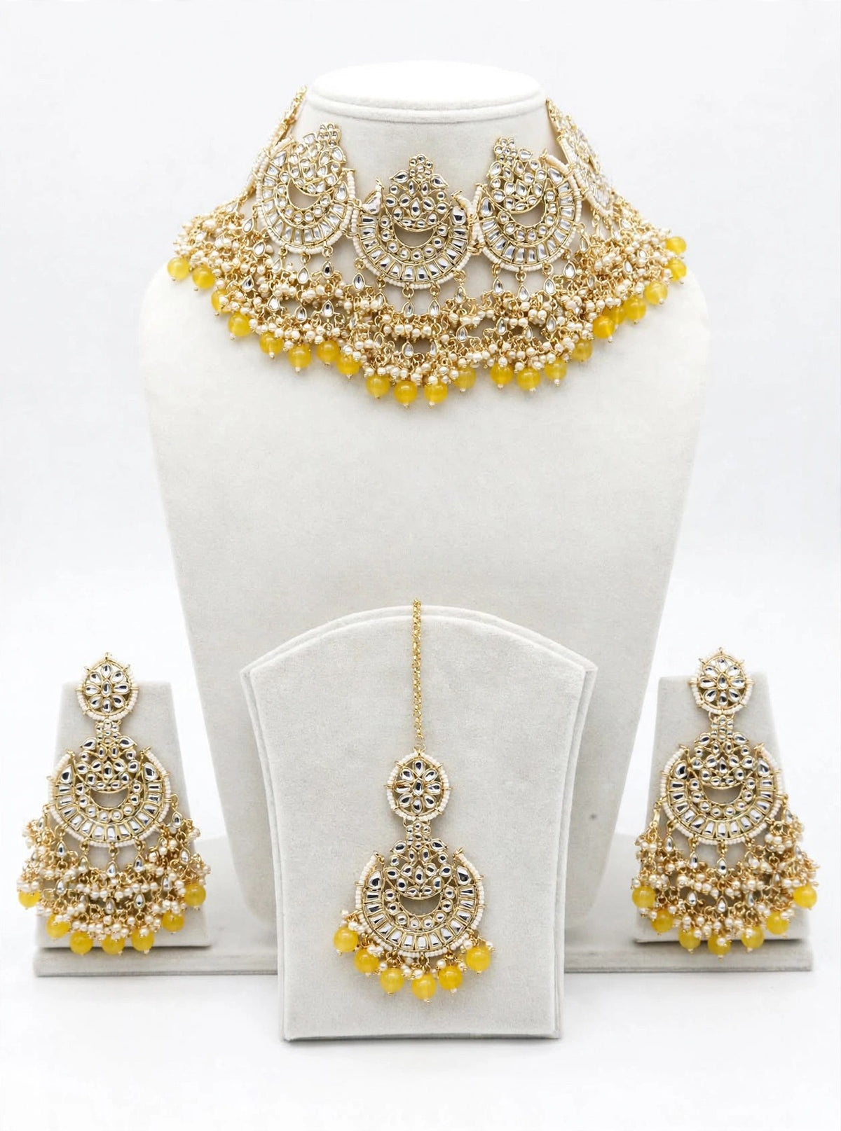 Yellow pearl loaded Necklace / choker set in Kundan-N11