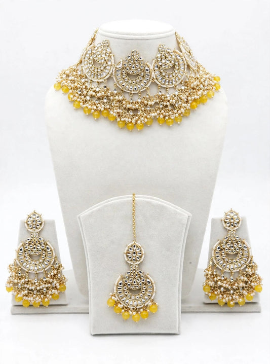 Yellow pearl loaded Necklace / choker set in Kundan-N11