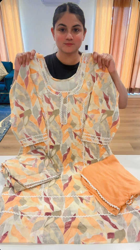 Cotton Printed Boutique Stitched Suit, Colour: Light orange, Code: 197