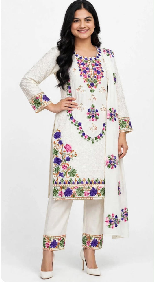 Stunning Kashmiri suit on Rayon fabric with threadwork