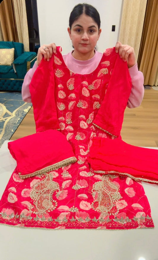 Hot pink Handwork Sharara suit with simple Duppata - Code: 611