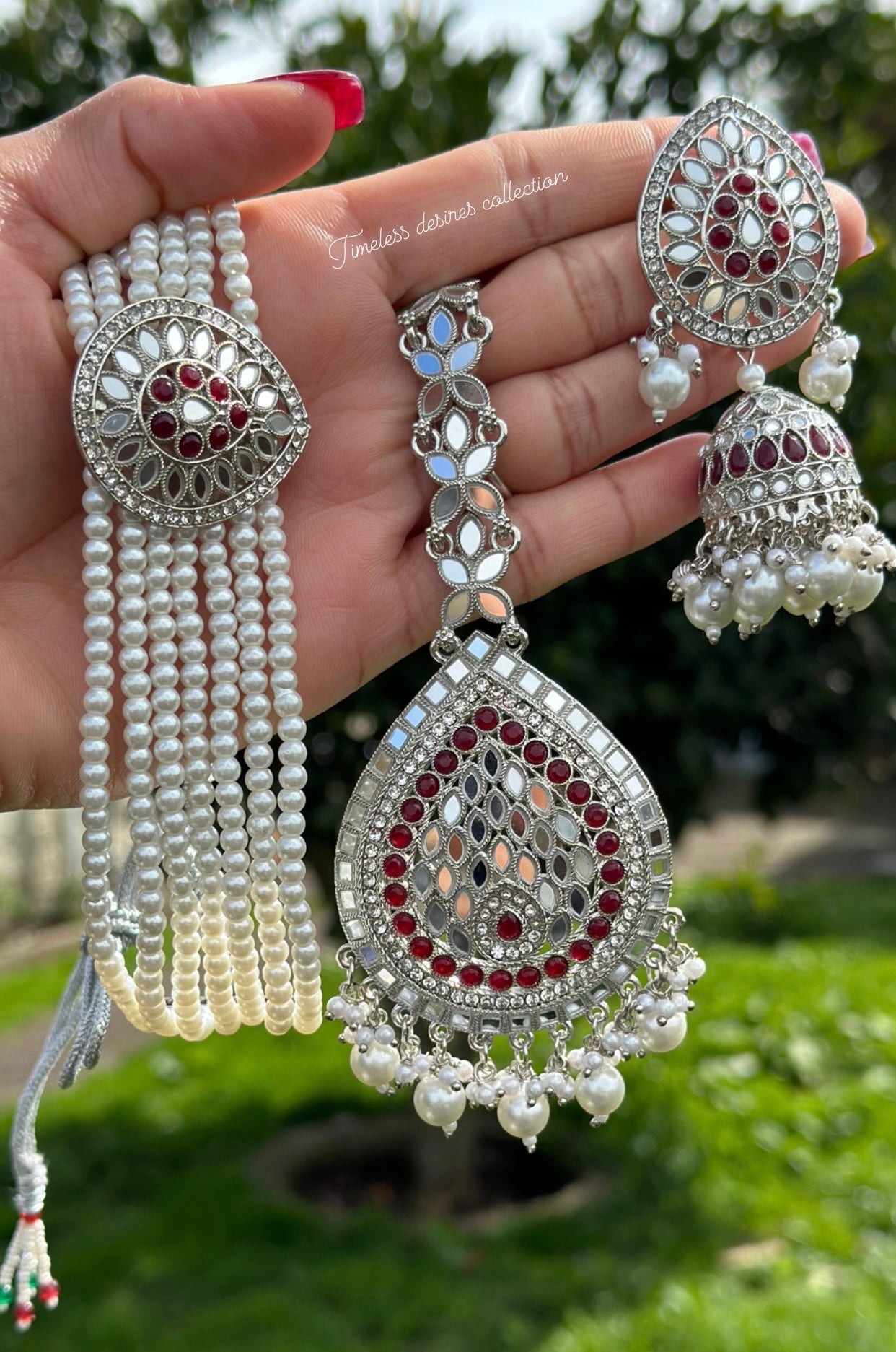 Maroon choker / necklace set in mirror with Jhumka earrings in silver polish