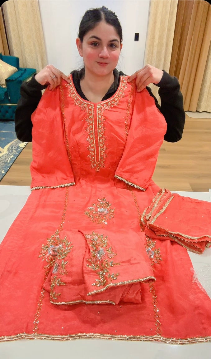 Handwork salwar suit - Colour : Carrot pink  ( Code: 631 )