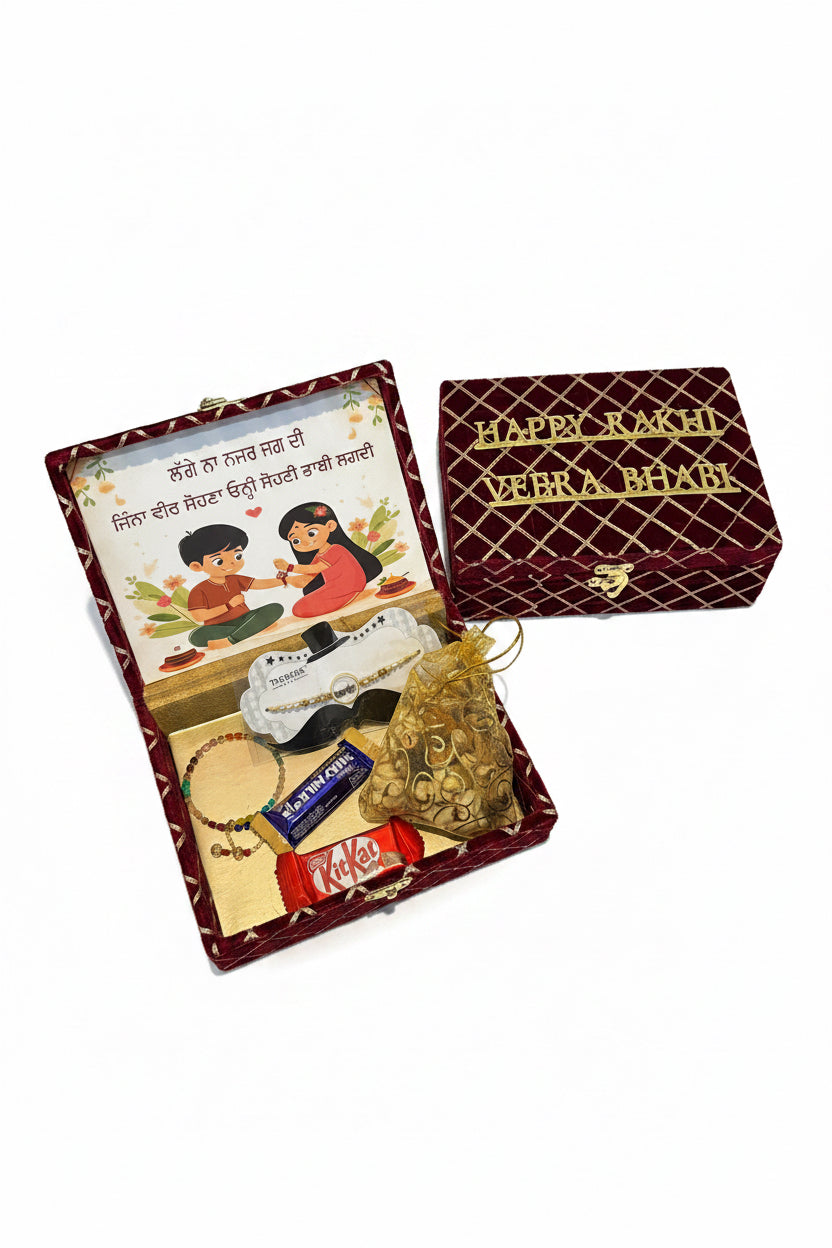 Customsied veer bhabi hamper box - includes Gift hamper box , Rakhi pack , bhabi bracelet , chocolates , nuts