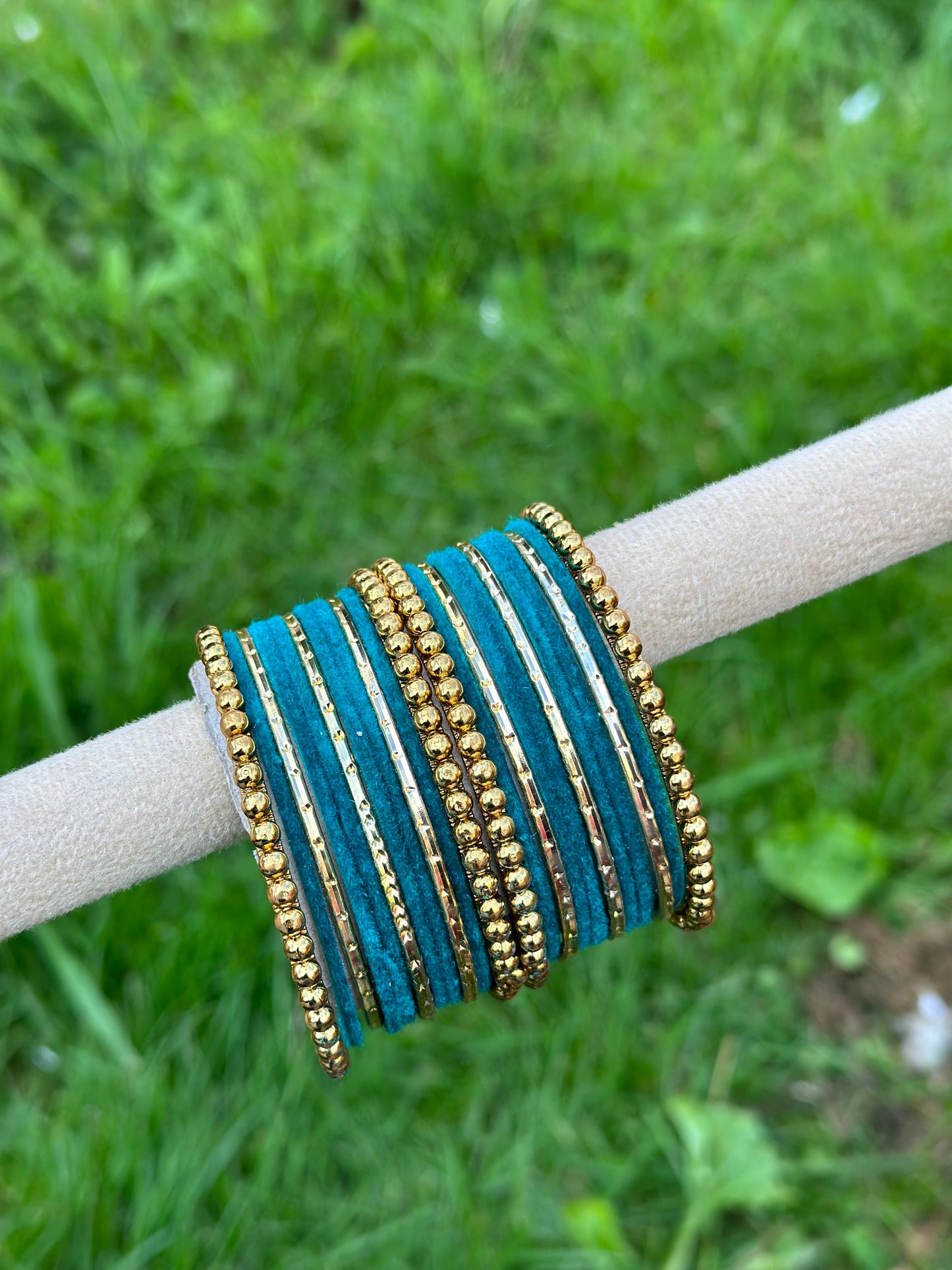 Peacock colour velvet bangles set with golden beaded kangan’s