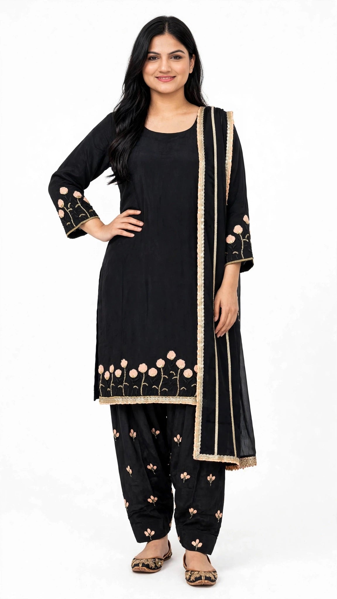 Premium PC - Designer Black suit on oragnza silk with handwork pure crape salwar paired up with soft tabby duppta enhanced with finishing Patti - Code 071