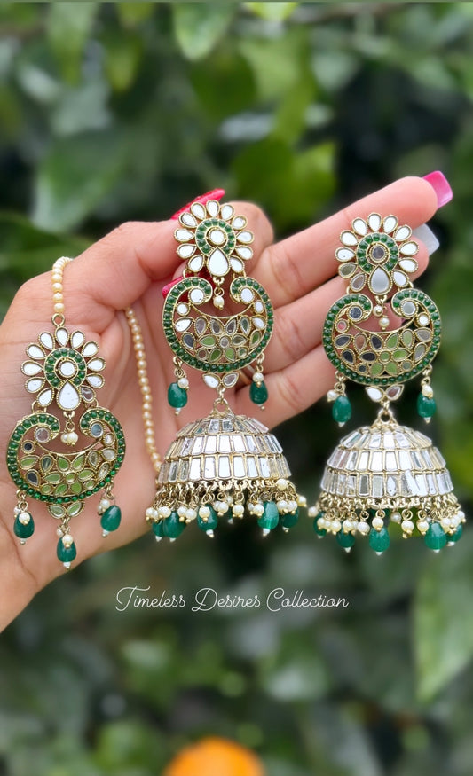 Green jhumka earrings with tikka in mirror ( high quality )