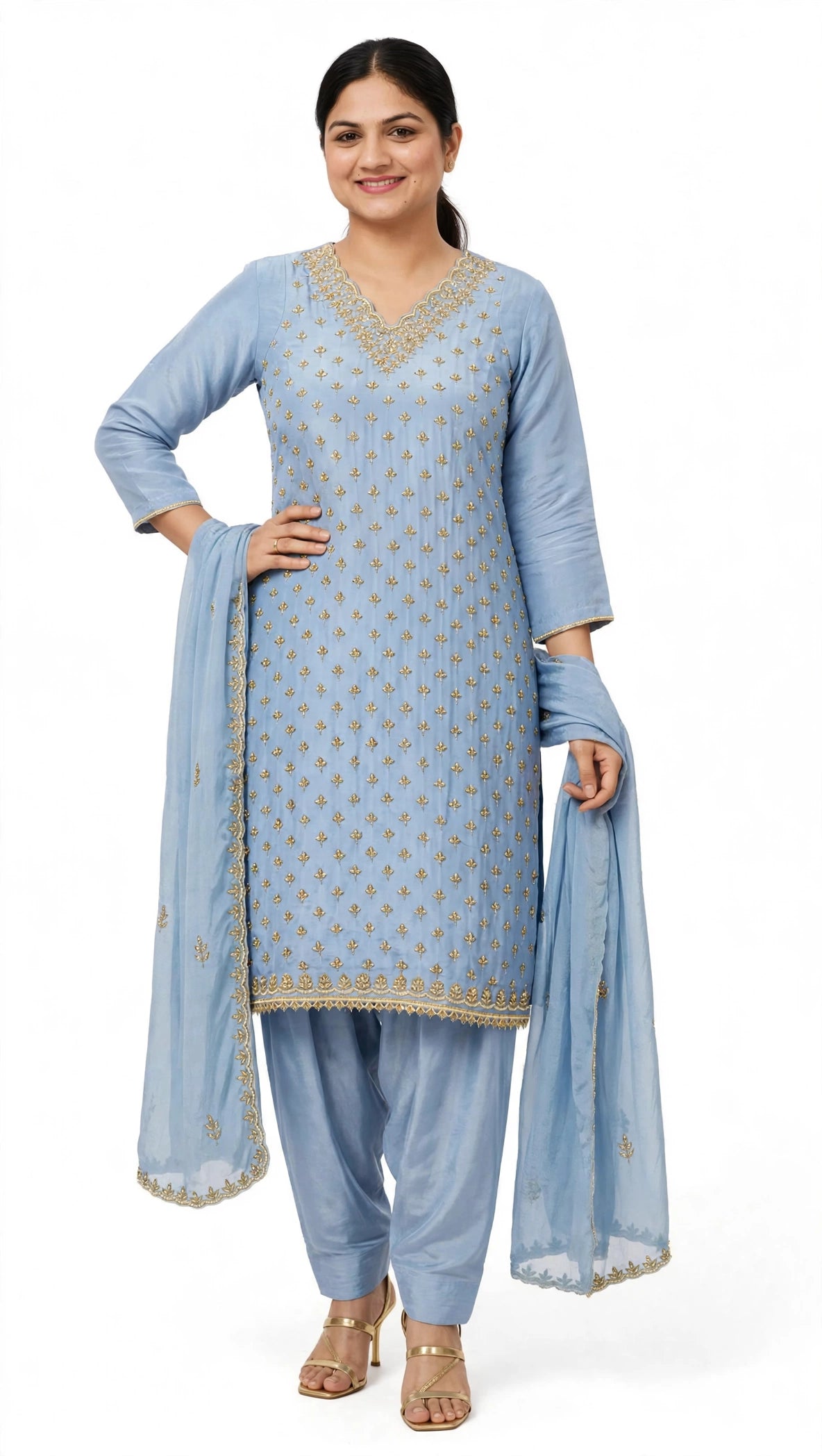 Powder Blue Crape based salwar suit with Chinon Base Duppata - Suit and Duppata has Jarkann Work - Code 093