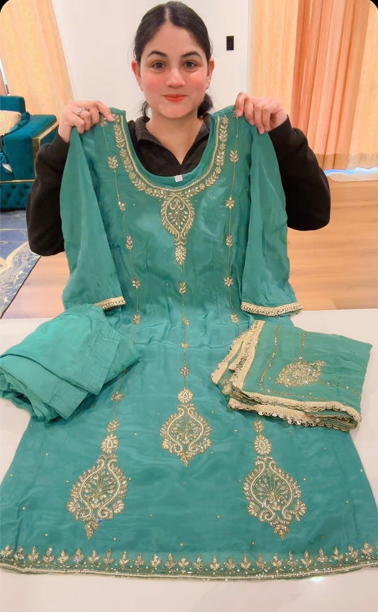 Handwork Suit with Handwork Duppata - Colour : Sea Blue ( Code: 643 )