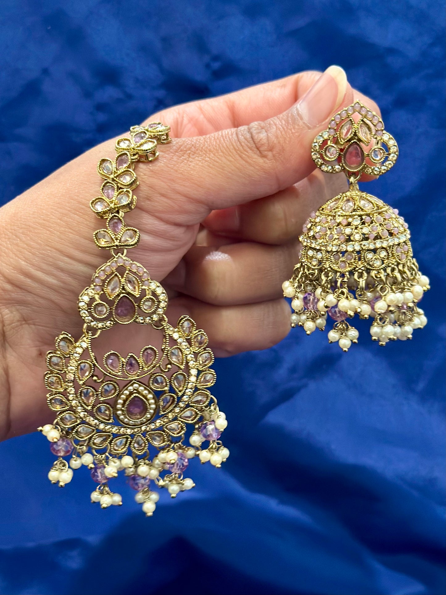 Earrings with tikka in polki, Colour: Purple, Code: 094