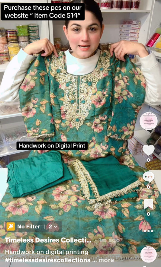Handwork on Digital Print Punjabi Suit ( Code: 514 )  - Colour “Sea Green”