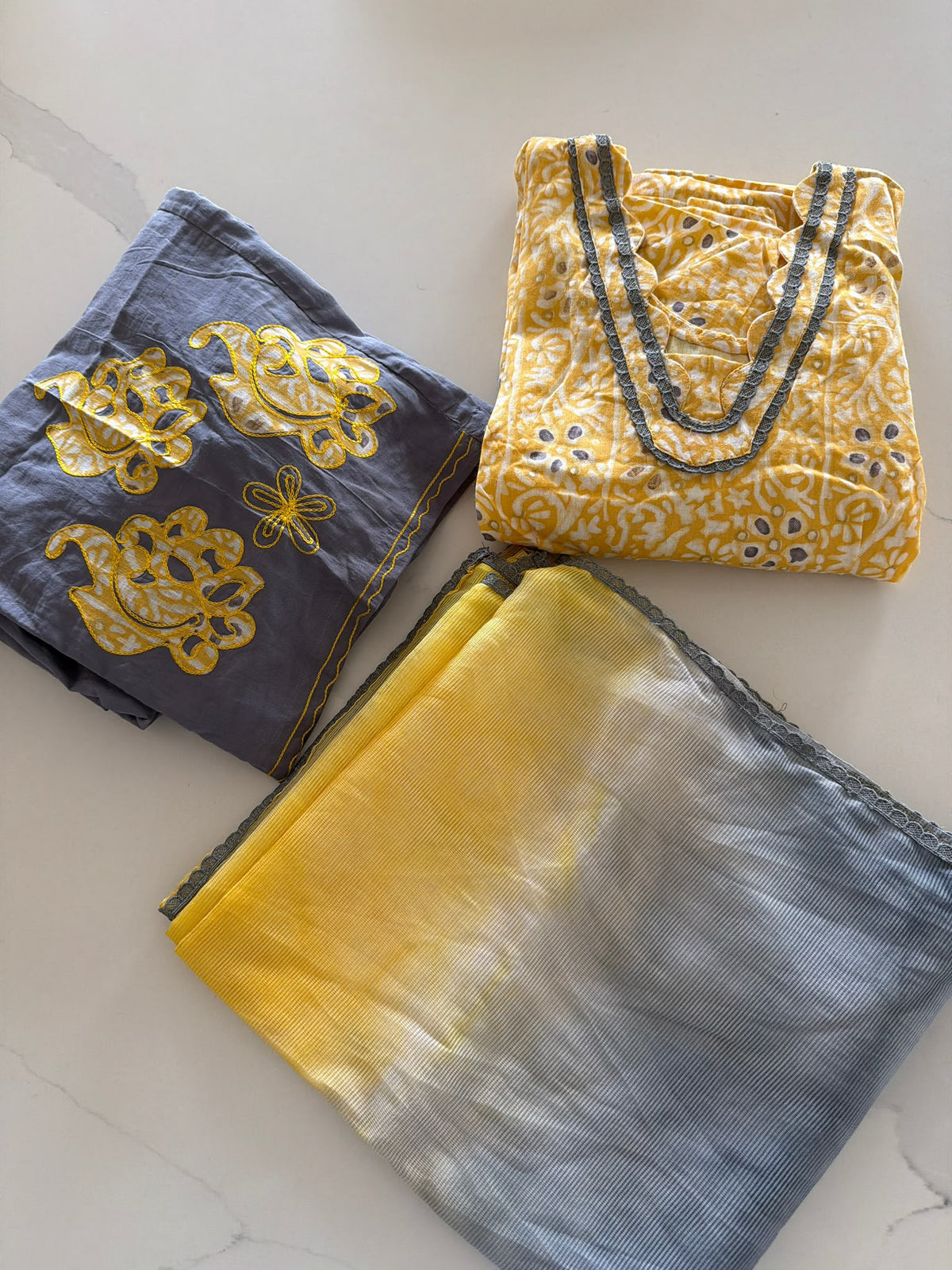 Yellow and Grey embroidered plazo suit in premium Cotton - Code 281