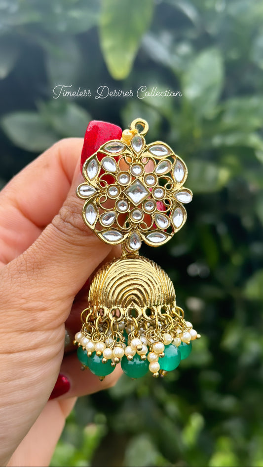 Green Jhumka earrings and tikka set with Sharara in kundan