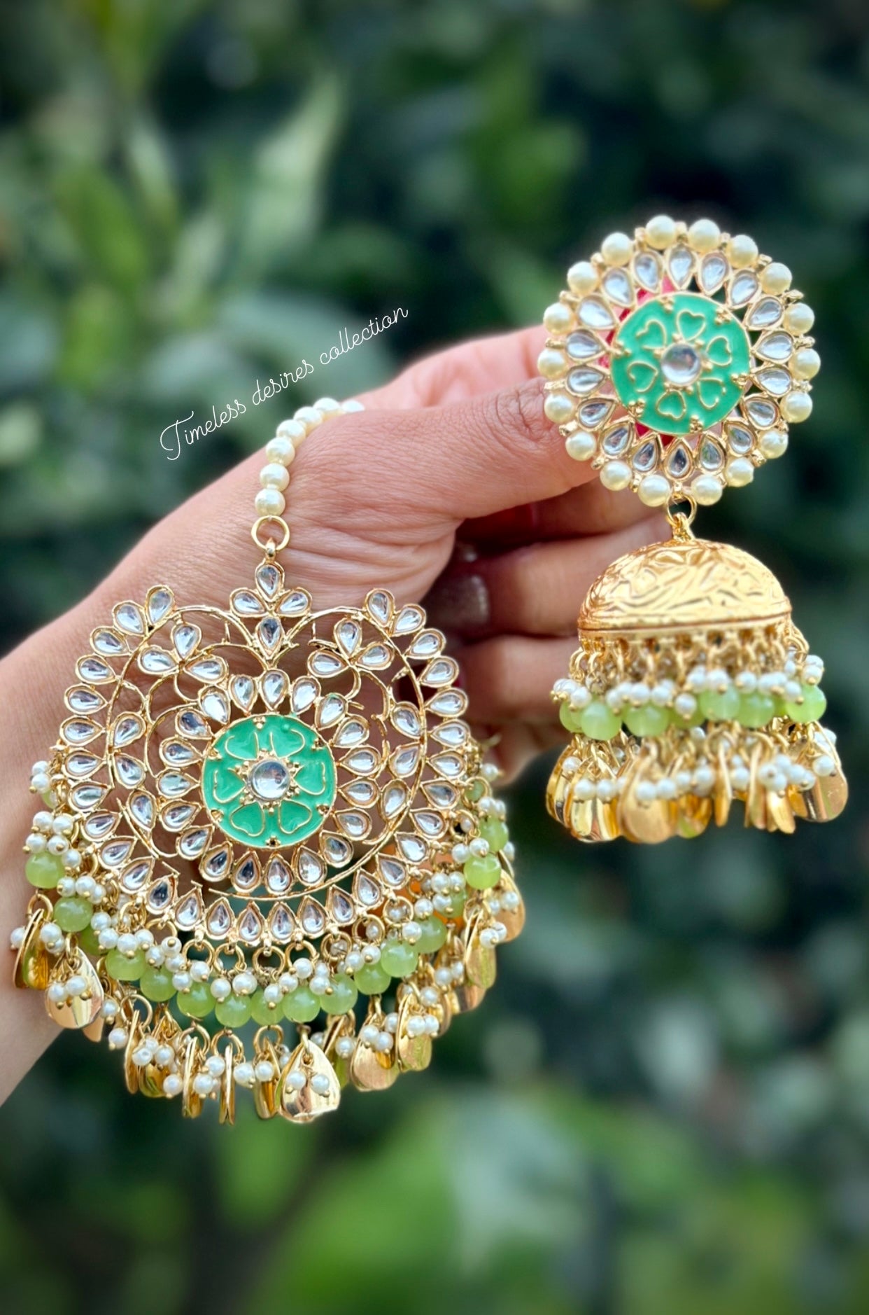 Mint green jhumka earrings and tikka set with pipal Patti in traditional jewellery ( Nimrat style 👌)