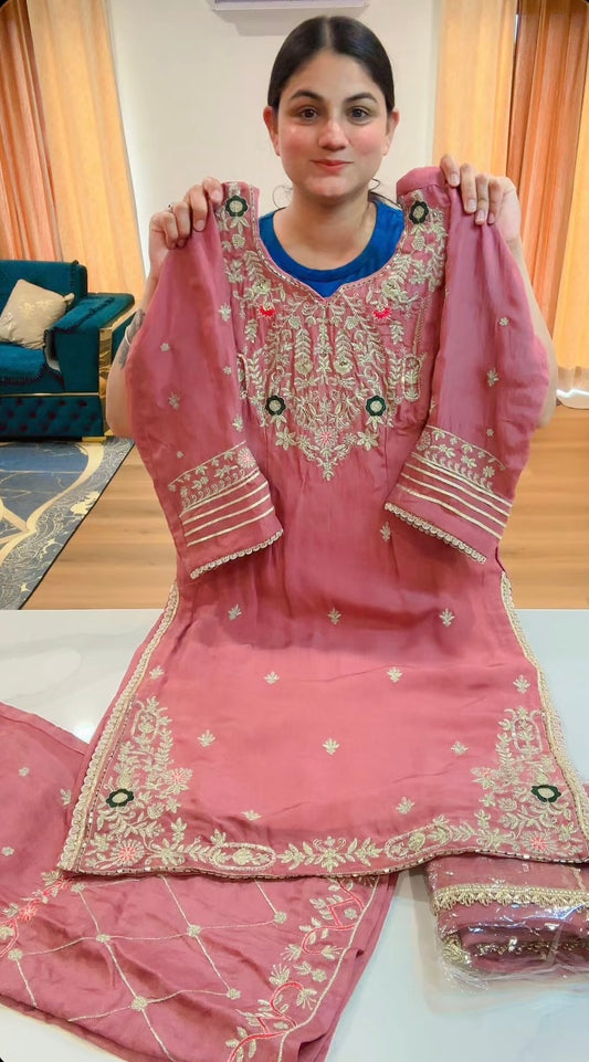 Party wear hand + tilla work suit with loose plazo,(Colour: onion), Code: 194