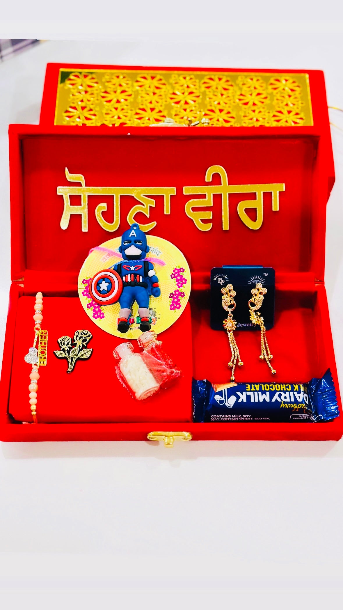 Family Rakhi/Rakhdi Hamper Box ( All in one - Veera Rakhi , Bhabi Earrings, kids rakhi , chocolate ) - Assorted Designs Accesories