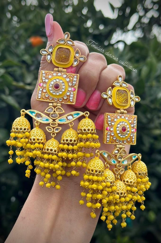 ( Item Code E-1 ) Yellow Most trending meena kundan earrings in gold plating ( statement PC )