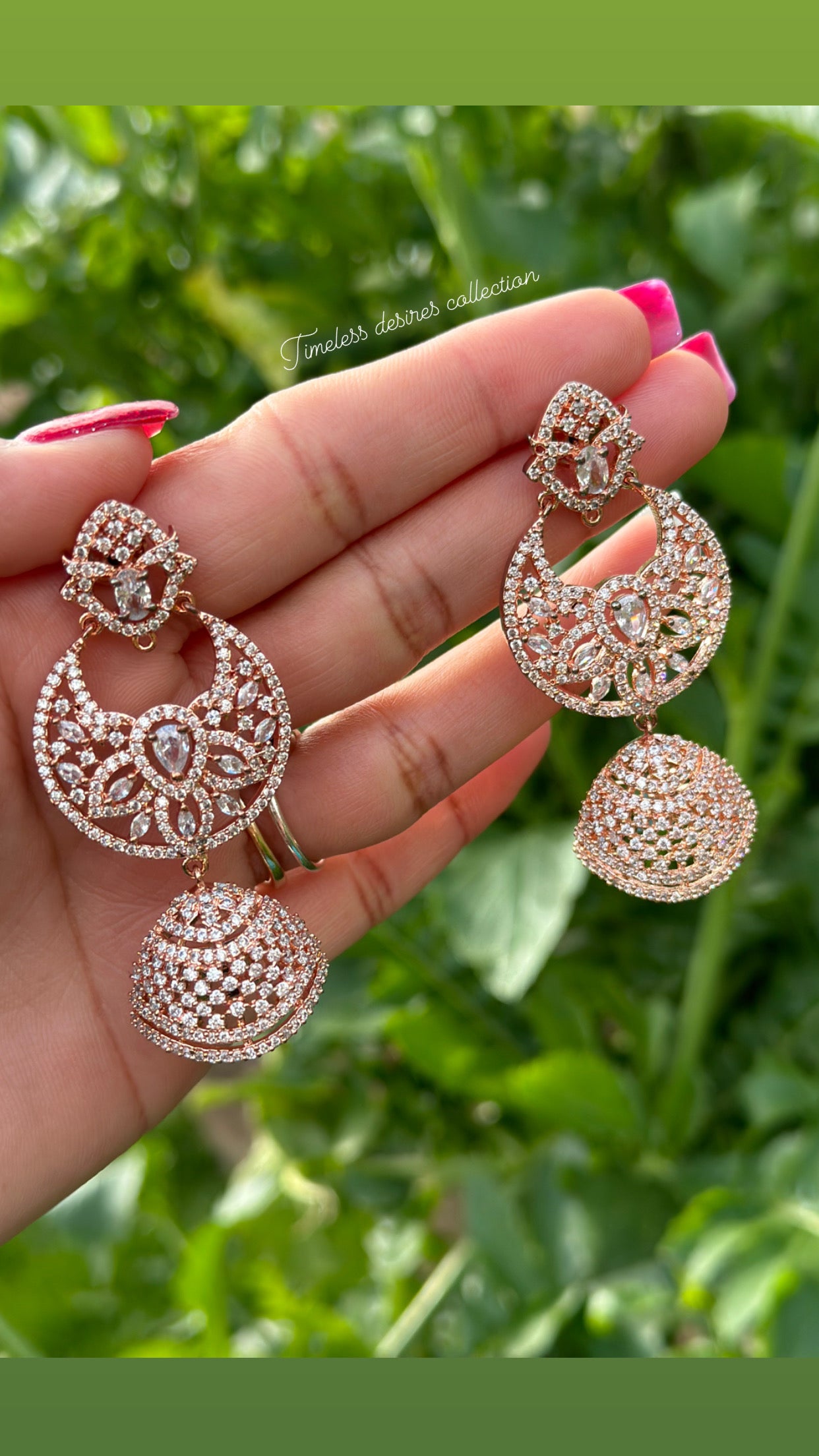 American diamond Jhumka earrings in rose golden polish