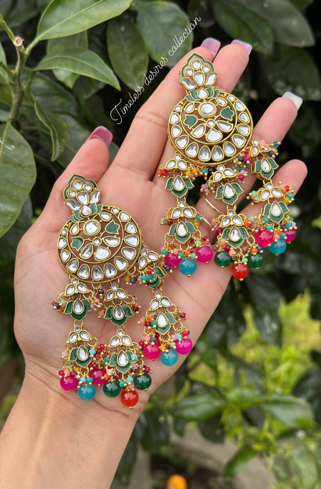 Multi coloured drops earrings in Kundan