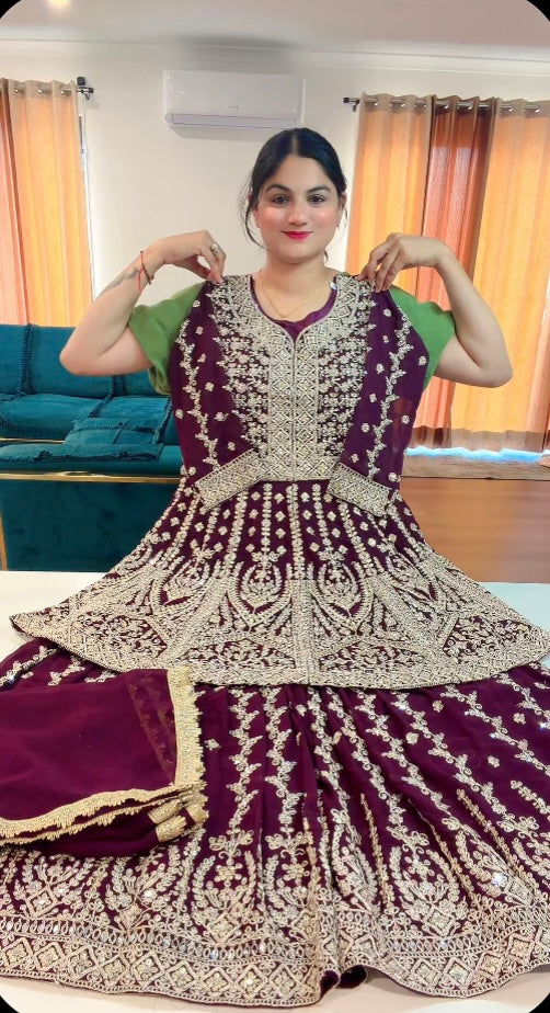 Party Wear Heavy Sharara suit with Peplum top - ( Colour : Wine ) Code: RS108