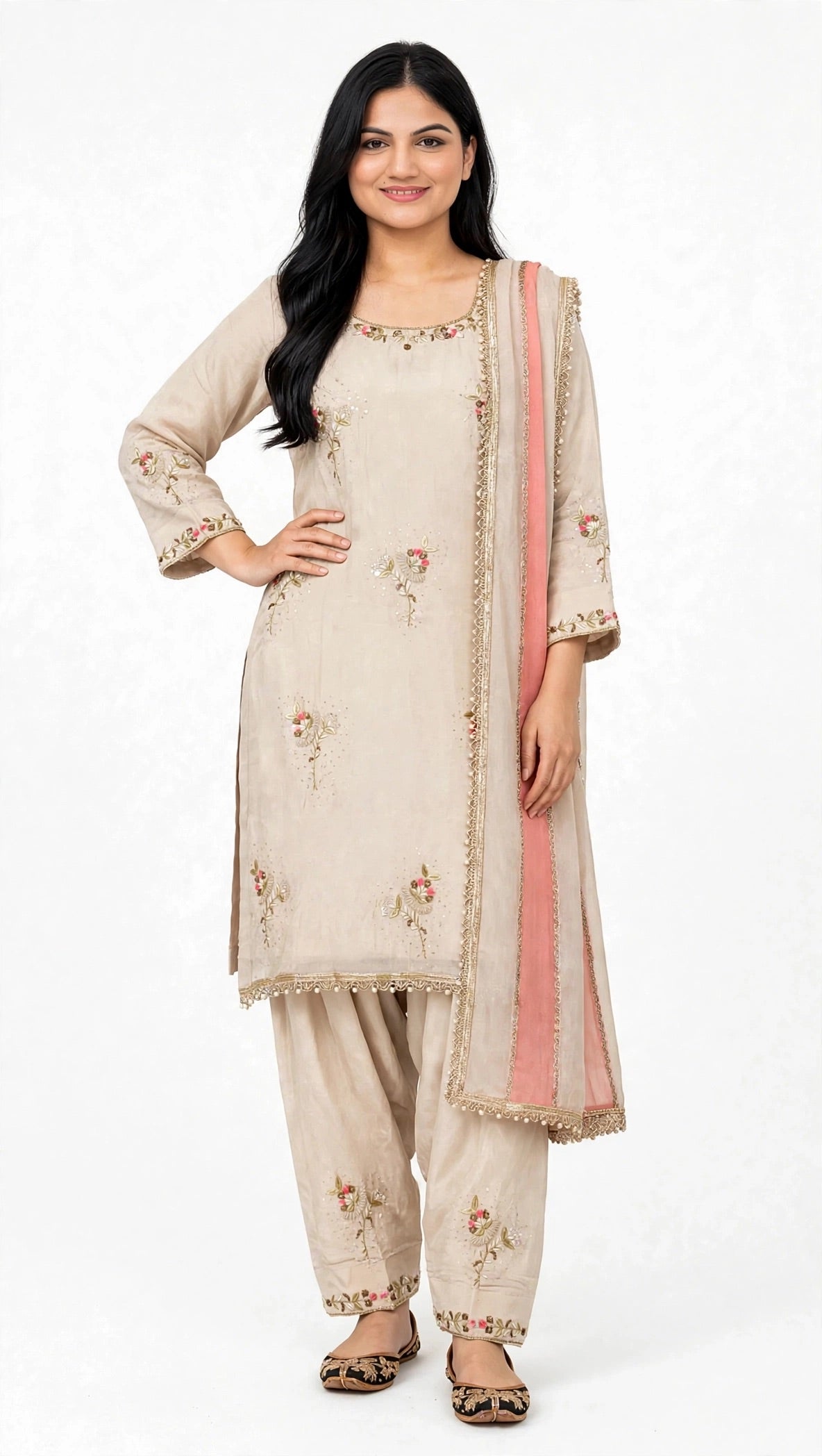 Beige and Pink Handwork designer suit on silk organza with Handowork crape bottom and patch style tabby pure duppta - Code 066
