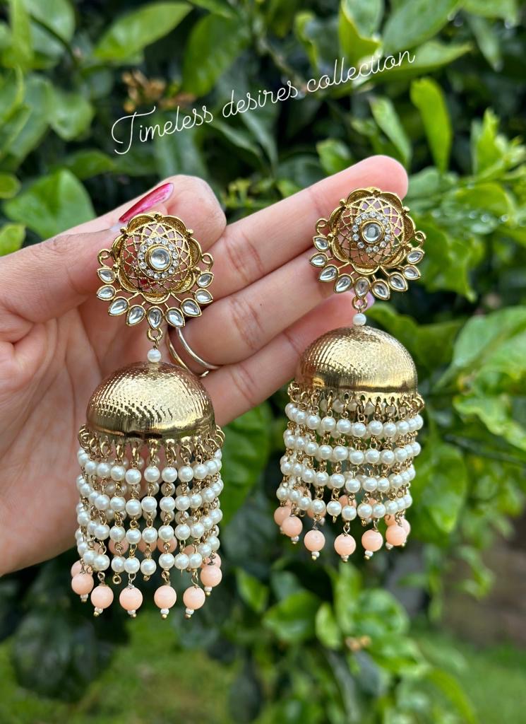 Pearl Drop Jhumka earrings in Peach colour