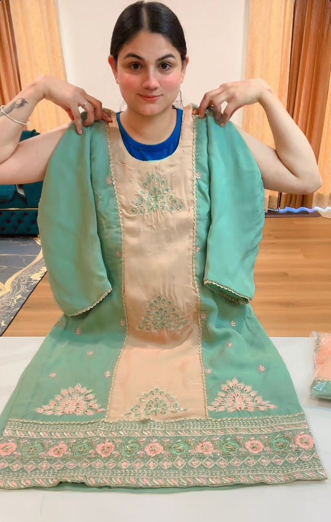 Partywear hand, patch and tilla work suit (Colour: mint peach), Code: 206