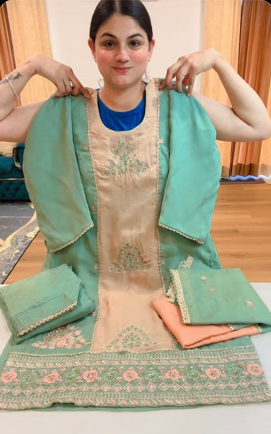 Partywear hand, patch and tilla work suit (Colour: mint peach), Code: 206