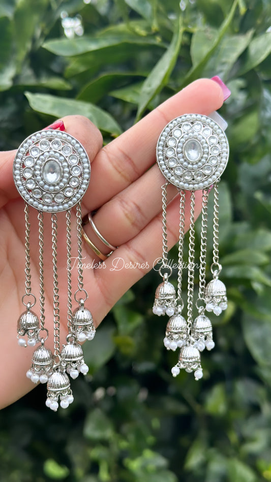 Jhumka drop silver earrings in Polki