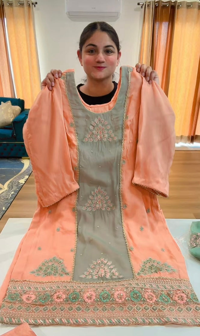 Partywear hand + tilla work suit (Colour: peach + dusty green), Code: 245