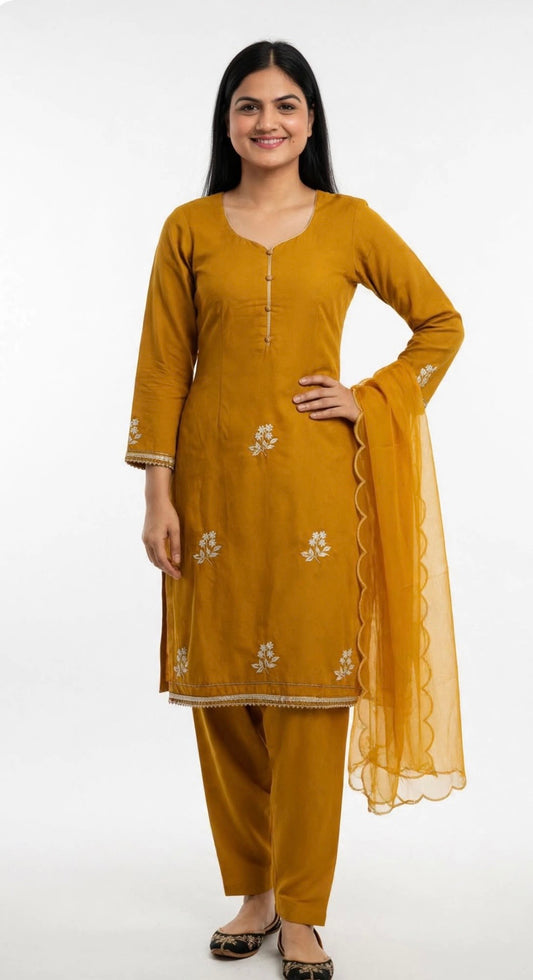 Burberry handwork semi party wear salwar suit in mustard colour- Code 280