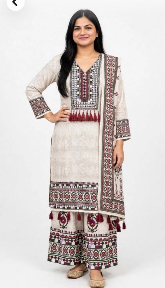 Cream Sharara suit with handtouch detailing on muslin, Code RE59