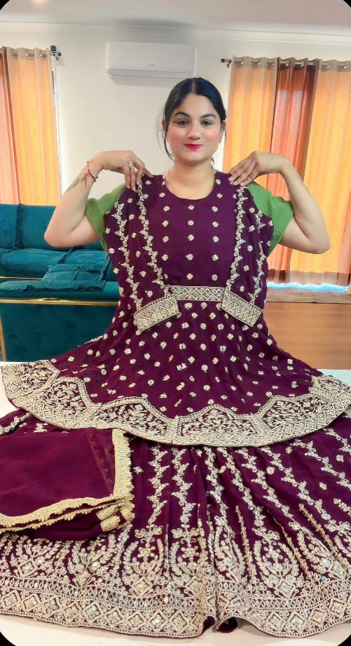 Party Wear Heavy Sharara suit with Peplum top - ( Colour : Wine ) Code: RS108