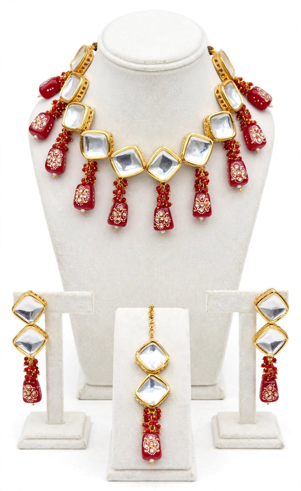 Maroon choker / necklace set in uncut Kundan with tumbler beads- N34