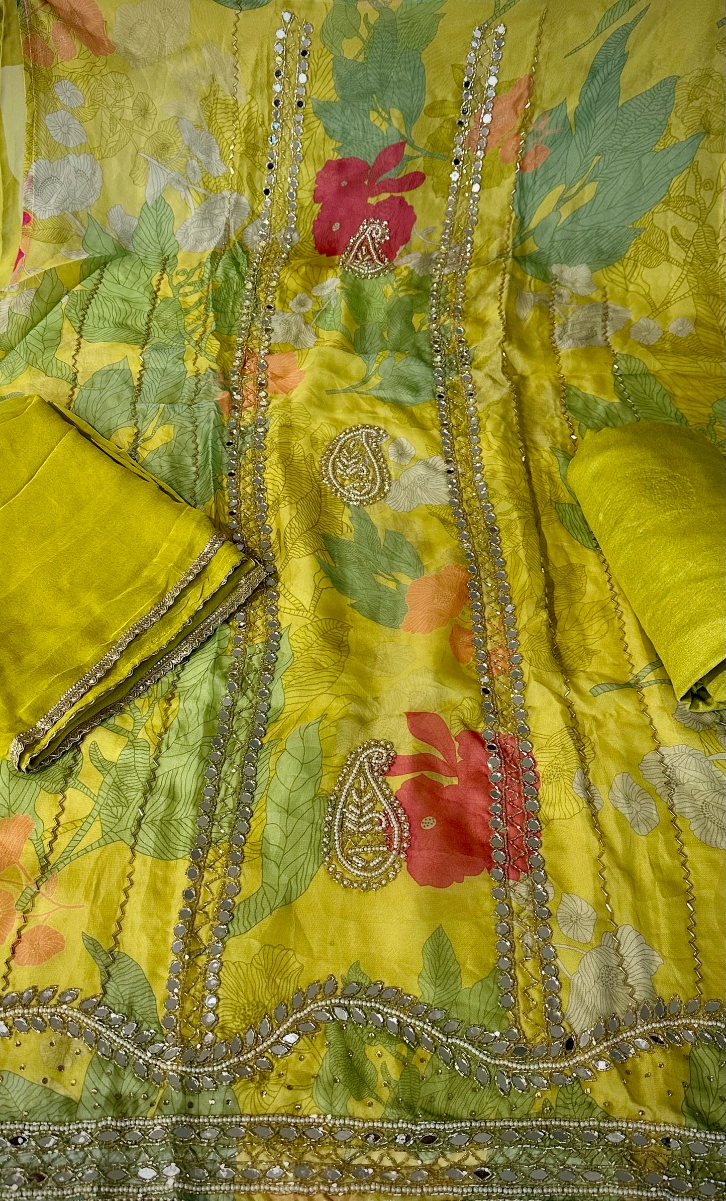 Unstitched mirror work on suit - shirt : organza , bottom : rayon , Duppata : chiffon ( colour - parrot green )