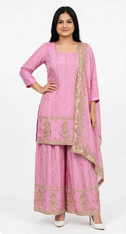 Boutique designer Heavy party wear Handwork Sharara / Lehnga suit in shimmer silk with heavy handwork duppta - Colour : Light Pink  ( Code : 375 )