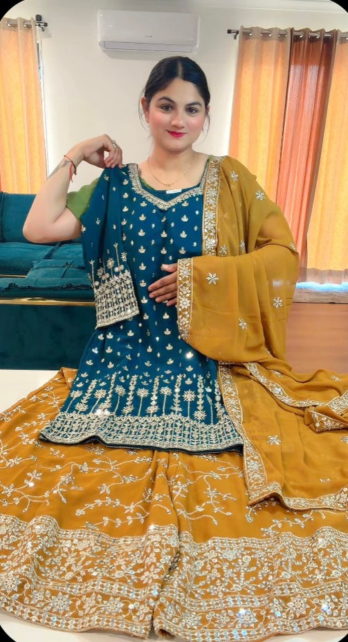 Party Wear Heavy Sharara suit on Georgette - Colour ( Teal Blue + Mustard )