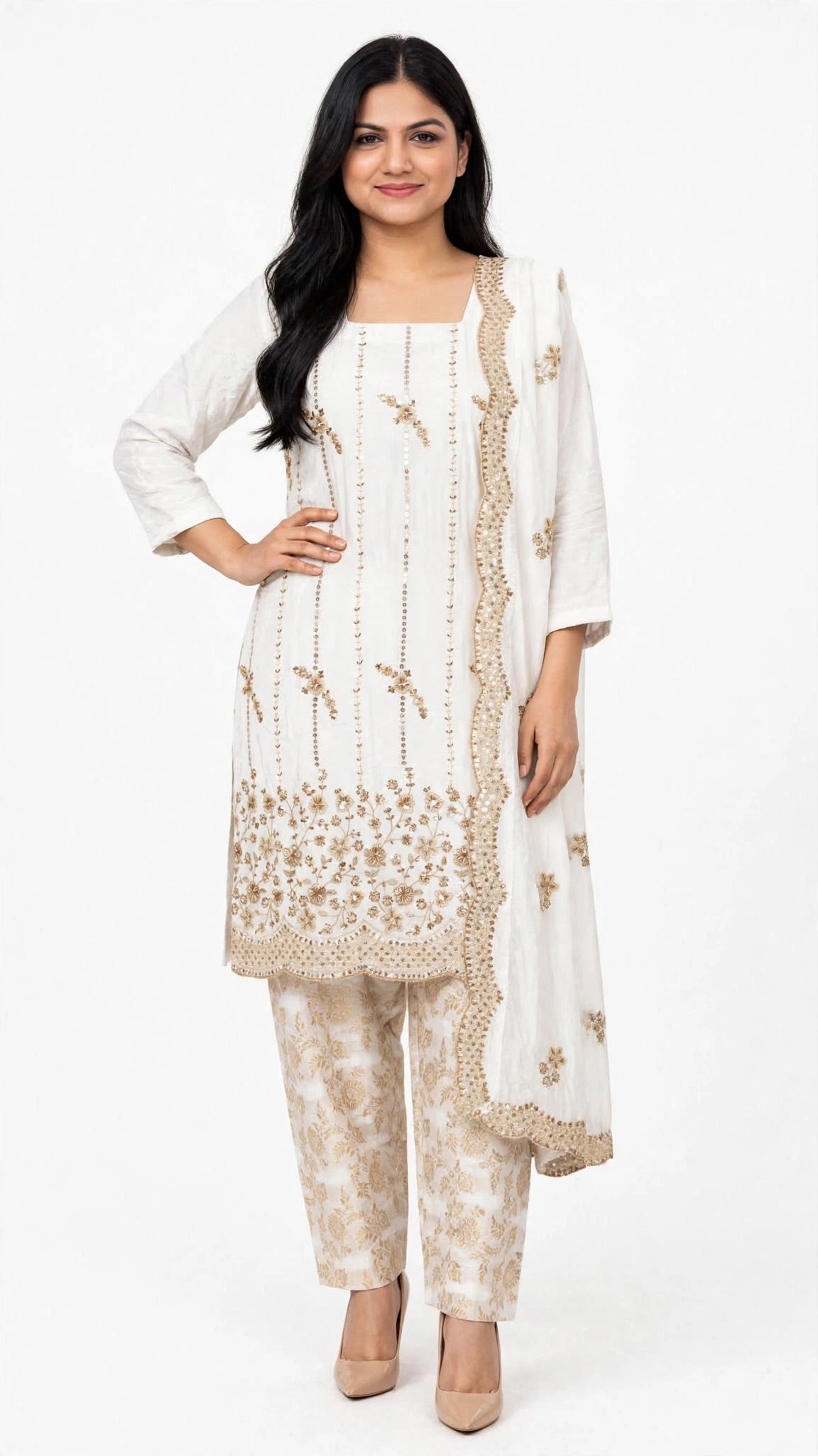 White suit on embroidered crape shirt with Banarsi pant plazo paired up with heavy embroidered chinon Duppata - Code 072