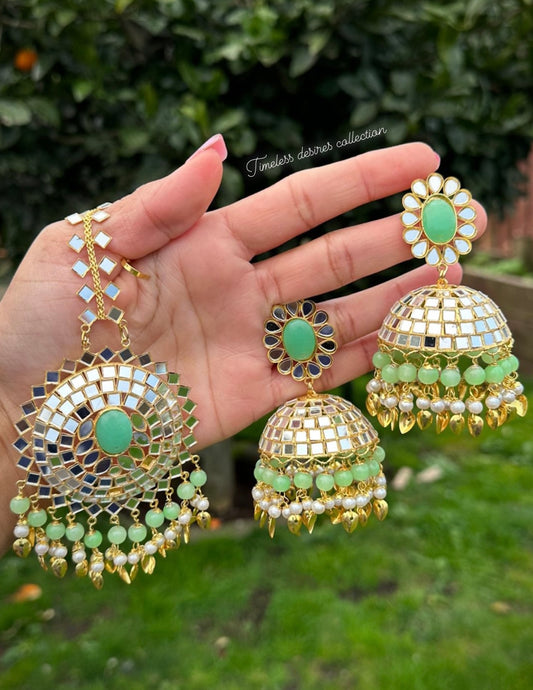 Mint green Jhumka earrings with oversized tikka in mirror with pipal patti