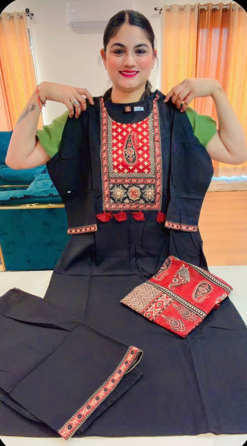 Readymade 3 pieces Ajgar Print suit with hand work (Colour: black, Code: 162 )